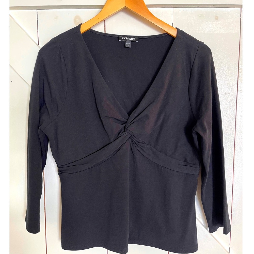 Express Black Twist Front 3/4 Sleeve Top Blouse Career Casual Elegant Large‎
